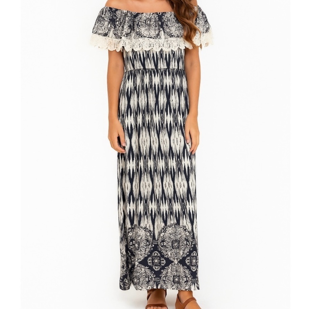 Me 2 Magic Anthropologie Maxi Boho Off Shoulder Maxi Dress Size Medium Navy